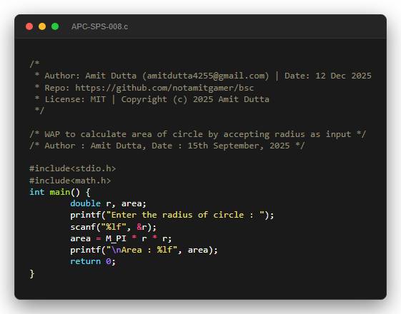 WAP to calculate area of circle by accepting radius as input